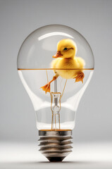 Surreal digital artwork featuring a yellow duckling enclosed inside a transparent light bulb on a soft grey background