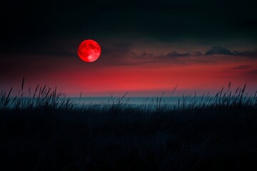 Eerie Landscape Under Blood Red Moon with Dark Clouds and Illuminated Grass