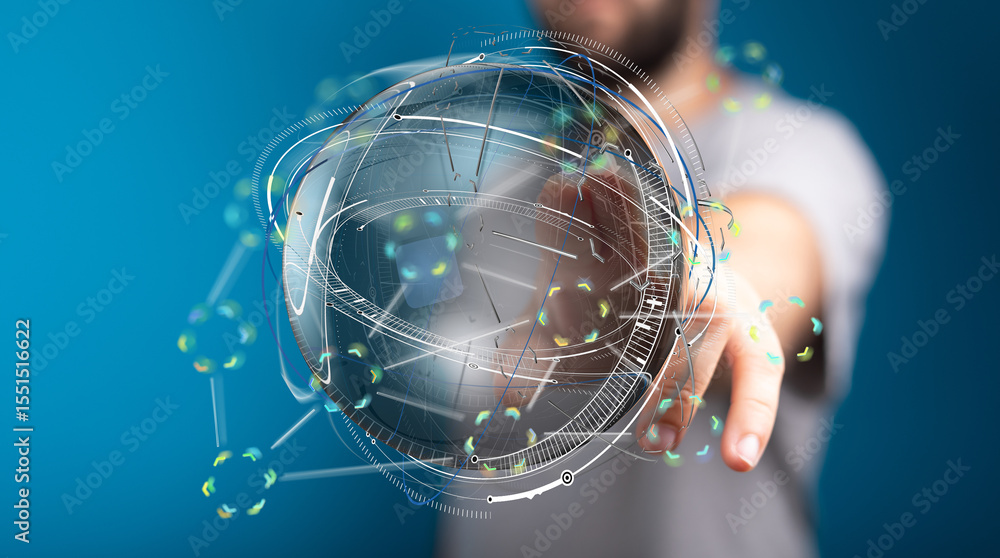 Poster A person interacts with a holographic globe, showcasing global network and data visualization concepts.