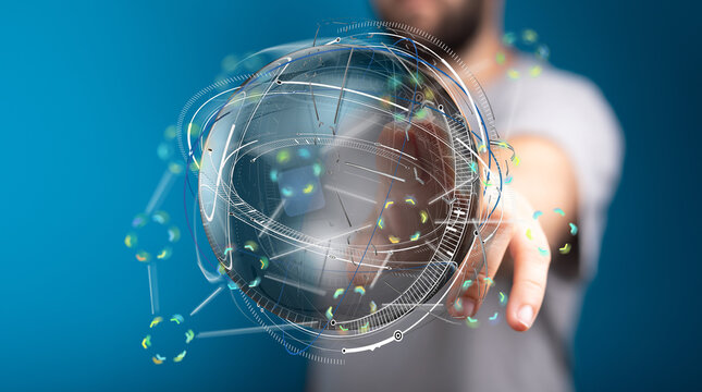 A person interacts with a holographic globe, showcasing global network and data visualization concepts.