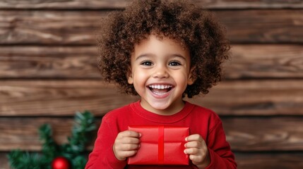 This delightful image shows a young child excitedly unwrapping a Christmas present, capturing the pure joy and magic of childhood during the festive season.