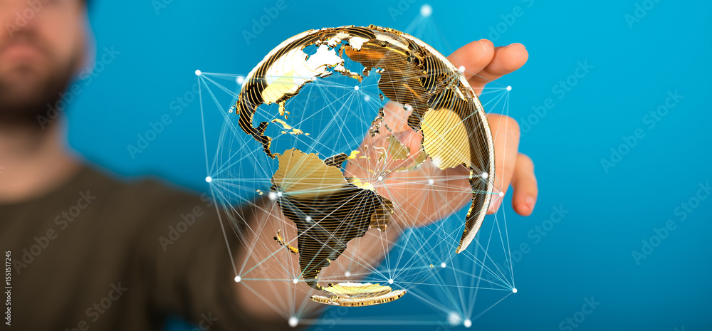 Poster hand holding a digital globe, illustrating global network and connection technology.