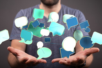 Abstract image of interconnected speech bubbles, symbolizing global communication and social...