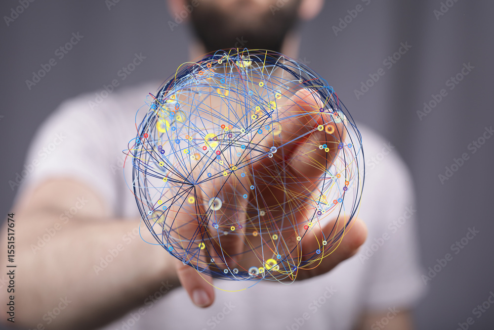 Aufkleber stock photo of a person interacting with a digital globe representing global network connections.