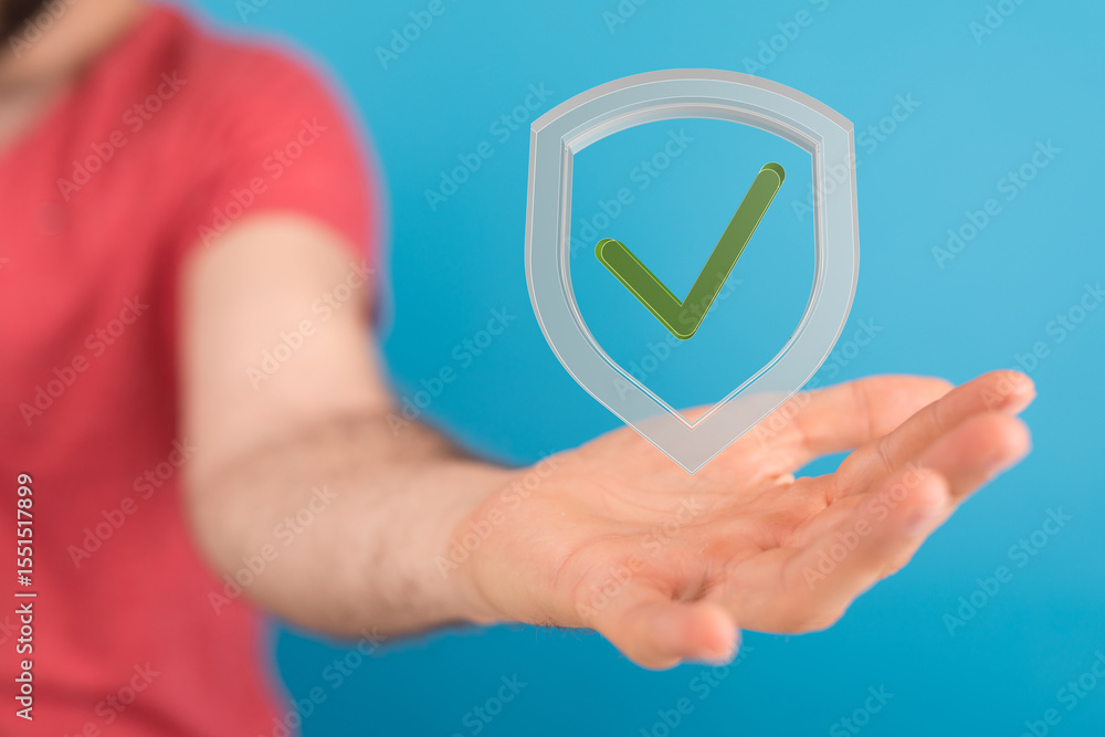 Poster Image of a hand holding a digital shield with a checkmark, symbolizing data security and protection.