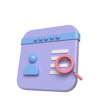 3d icon of a profile card with a magnifying glass for search and analysis