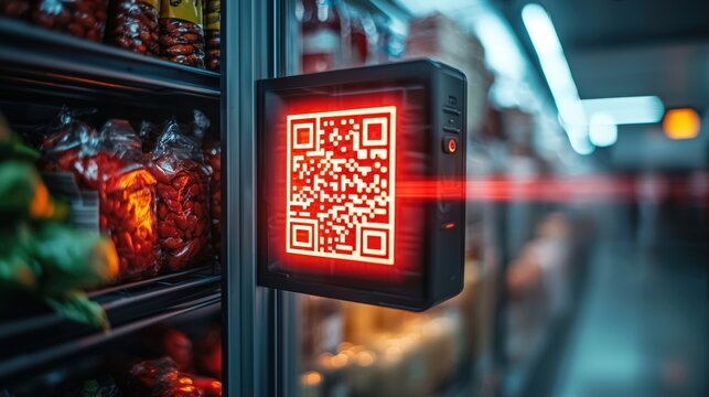 Close-up of a barcode scanner reading a QR code on a food package with a vivid red laser, highlighting smart logistics, product tracking, and inventory management in modern supply chain systems
