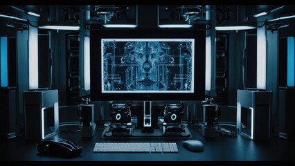 Futuristic workstation with computer screen displaying humanlike schematic and robotic arms