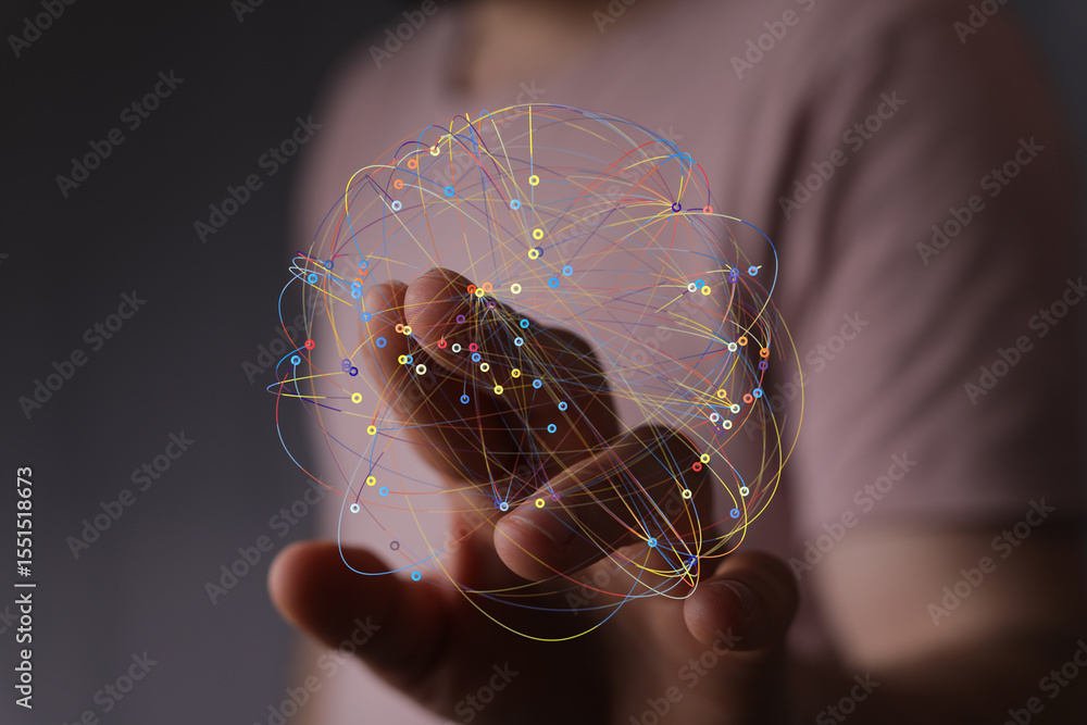 Poster Abstract image of a hand interacting with a digital network. Represents connectivity, technology, and global communication.