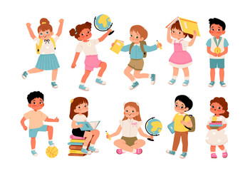 Cheerful school children with educational supplies. Cute pupils. Back to school set. Flat vector illustration.
