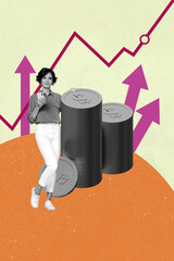 Creative abstract collage of person use gadget coins on yellow color background having up arrows...