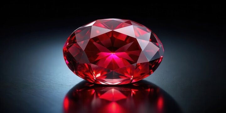 A deep red ruby gemstone sits atop a dark, glossy black background, its vibrant color and flawless cut making it a stunning centerpiece , luxury item, colored gem