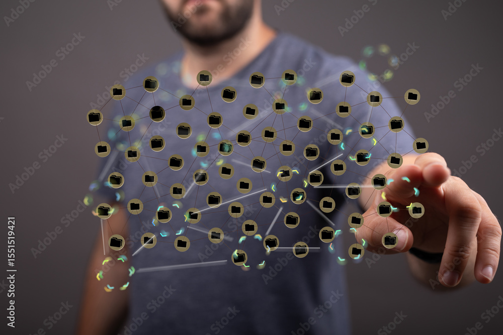 Aufkleber conceptual image depicting data network, file sharing, cloud storage, digital connectivity.