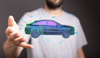 Person presenting a futuristic digital car model.  Concept for automotive technology, innovation.