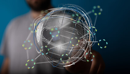 Abstract image of a person interacting with a digital globe, showcasing global network connections...
