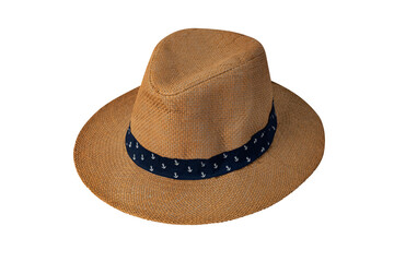 Men's straw hat for sun protection during vacation, isolated on white background. Stylish summer headdress for beach vacation. Fashion accessory.