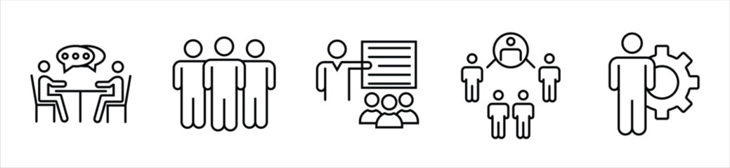 Teamwork, Communication, and Human Resource Icons Set – Outline Style