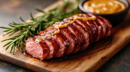 A beautifully plated slice of succulent meat garnished with herbs and accompanied by a side of creamy sauce, showcasing culinary artistry and mouthwatering aesthetics.