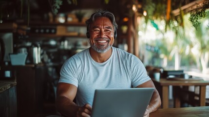 A middle-aged man with a friendly smile sits in a cozy café, working on his laptop, radiating confidence and satisfaction while surrounded by a warm natural ambiance.