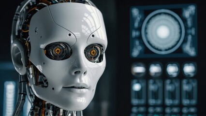 Cyborg Head with Visible Wiring and Technology Display in Background