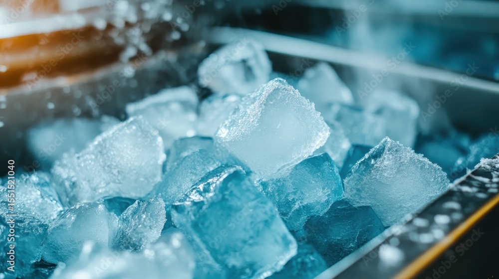 Poster a close-up view of pristine ice cubes in a chilled container, capturing the essence of freshness and