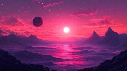 Hyper realistic 3d render Pink Planet Sunset: An Alien Landscape AI Generative