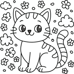 Cute Sitting Cartoon Cat – Black and White Line Art Coloring Page for Kids