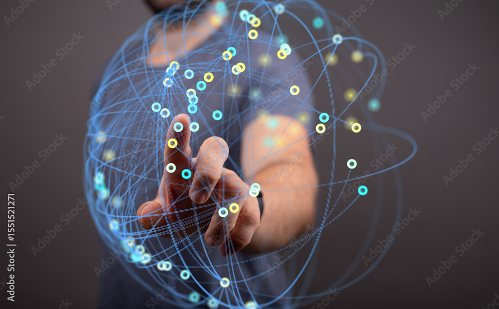 Poster Abstract image of a person interacting with a digital network.  Perfect for technology, connectivity, and global concepts.