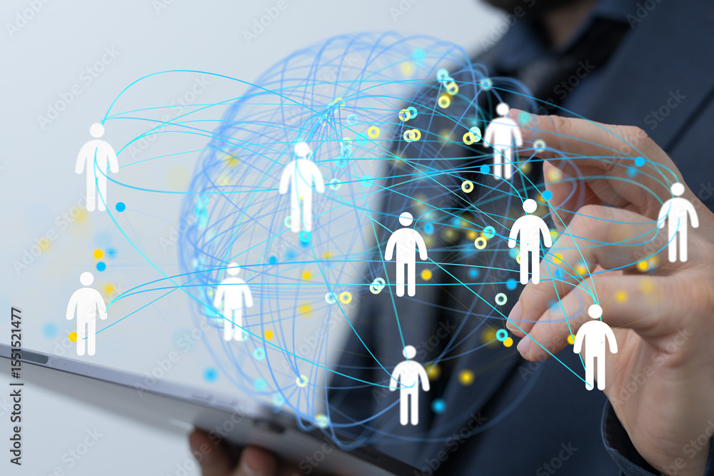 Poster image of a person interacting with a digital network. represents teamwork, collaboration, and global
