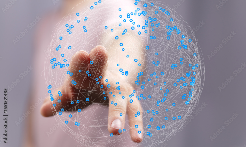 Poster Abstract image of a hand interacting with a digital global network. Represents connection, technology, and communication.