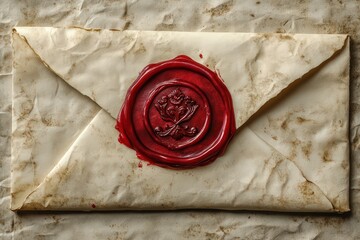  Wax-sealed envelope with red signet imprint on white background, rich stamp pressed into wax, aged paper corner adds historic correspondence touch