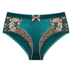 Emerald green womens panties with floral lace detail and bow accent on a dark background
