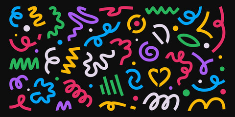 Colorful line doodles and dots, childish abstract drawings. Cute posters and banners design elements, stickers and vector art.