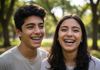 two hispanic teenagers with braces sharing joyful moment in park. smiling cheerful faces, carefree atmosphere. concept of friendship and youth. stomatology brochure, dental care.