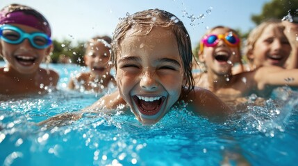 A lively scene of happy children splashing in a blue swimming pool, capturing the essence of summer fun, joy, laughter, and carefree moments shared among friends.
