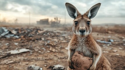 Obraz premium A kangaroo holding a piece of cloth in a barren setting, highlighting themes of survival and adaptability amidst environmental challenges and the beauty of wildlife.