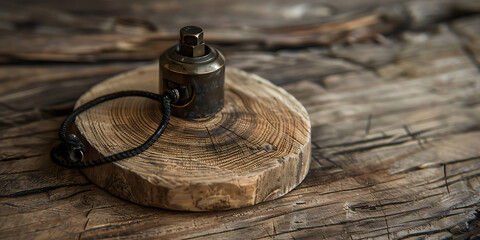 Vintage Brass Lighter on Round Wooden Base Surrounded by Rich Textured Wood in a Timeless Rustic Setting


