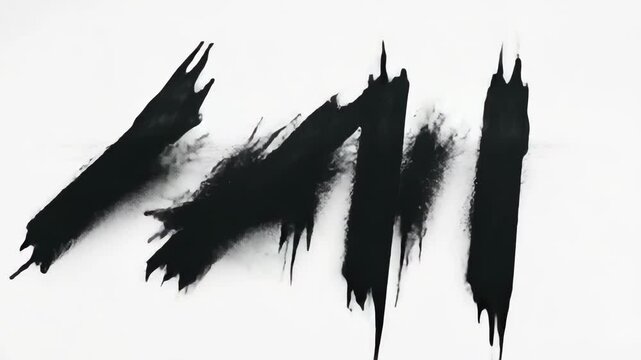 Black abstract shapes with glitch effect spin and transform on a white background creating a dynamic and futuristic distortion composition