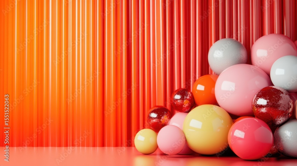 Poster an artistic showcase of colorful spheres and geometric shapes arranged against a striped backdrop, r