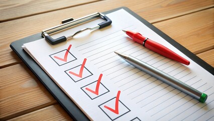 completed checklist on clipboard with red checkmarks and pens for task organization, planning