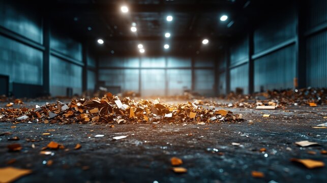An abandoned warehouse floor littered with debris creates a gritty, atmospheric scene, reflecting themes of neglect and the passage of time in an industrial setting. - Powered by Adobe