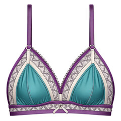 Detailed teal and purple lace bralette close up on background displaying feminine apparel