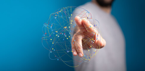Hand interacting with a digital network.  Connectivity, technology, global communication.
