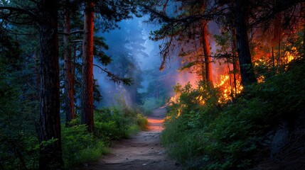 Fototapeta premium Forest path surrounded by wildfire; dangerous and beautiful scene of nature power