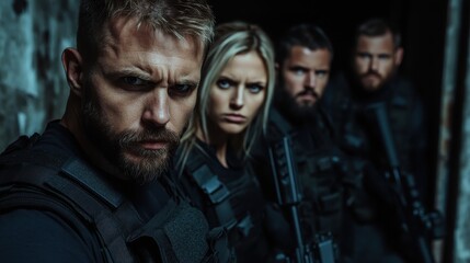 A group of determined individuals in tactical gear exudes strength and focus, ready for action, demonstrating teamwork and resilience in a challenging environment.