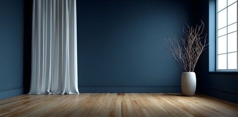 4k mock-up wallpaper, minimalist interior with a navy blue wall and wooden floor