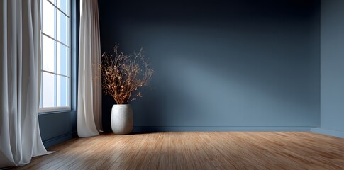 4k mock-up wallpaper, minimalist interior with a navy blue wall and wooden floor