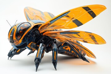  Hornet resting with wings folded on white background, vibrant striped body, sharp symmetry in limbs and shadows, armor-like texture stands out