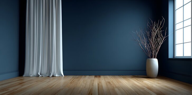4k mock-up wallpaper, minimalist interior with a navy blue wall and wooden floor