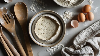 Exquisitely styled rustic kitchen scene featuring timeworn household items and vintage baking equipment, artfully arranged with artisanal ingredients and weathered wood textures. Homestyle decor evoke